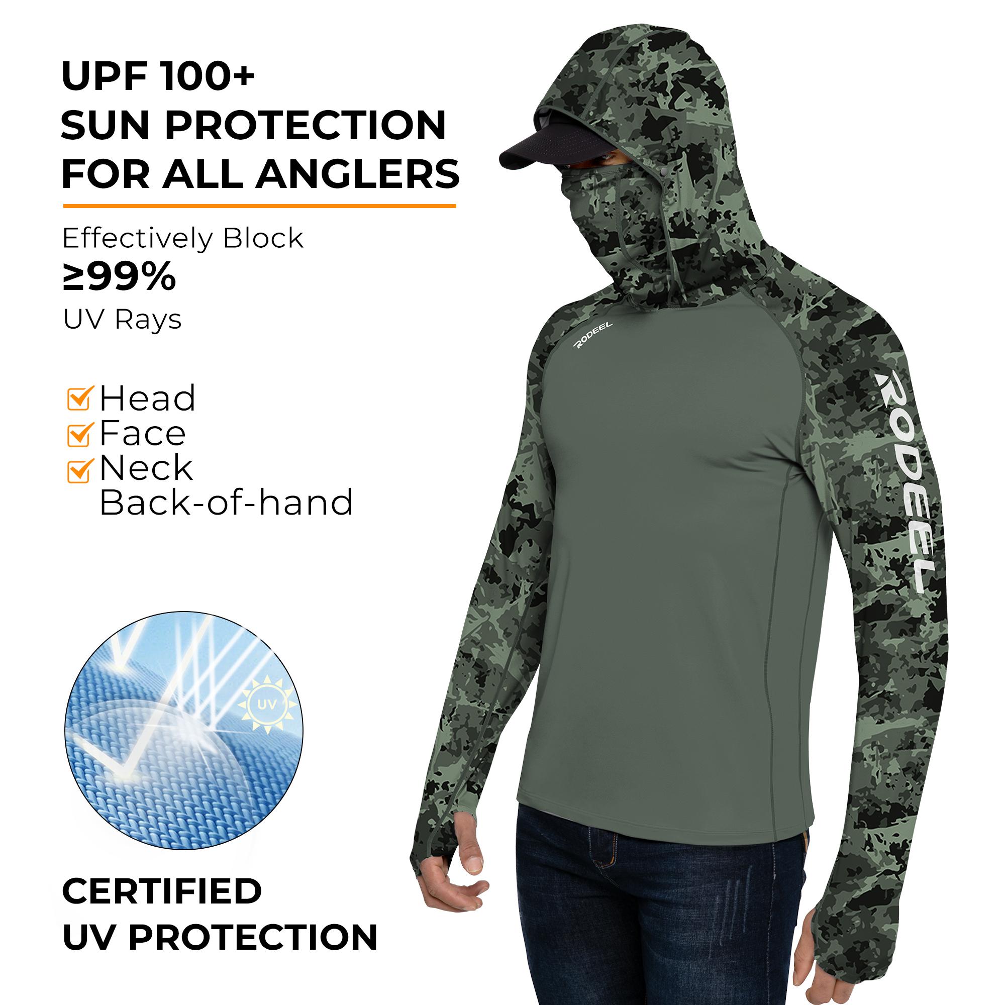 RODEEL 934 Sun Hoodie Shirts w/ UV Detection Mask Neck Gaiter Thumbhole Men UPF 100+ Sun Protection Long Sleeve Lightweight Quick Dry Moisture Wicking Breathable Cooling Activewear for Outdoor Sport Fishing Construction Roofing, Holiday Gift