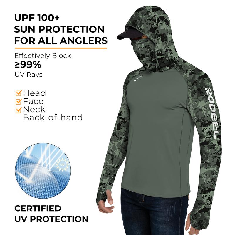RODEEL 934 Sun Hoodie Shirts w/ UV Detection Mask Neck Gaiter Thumbhole Men UPF 100+ Sun Protection Long Sleeve Lightweight Quick Dry Moisture Wicking Breathable Cooling Activewear for Outdoor Sport Fishing Construction Roofing, Holiday Gift