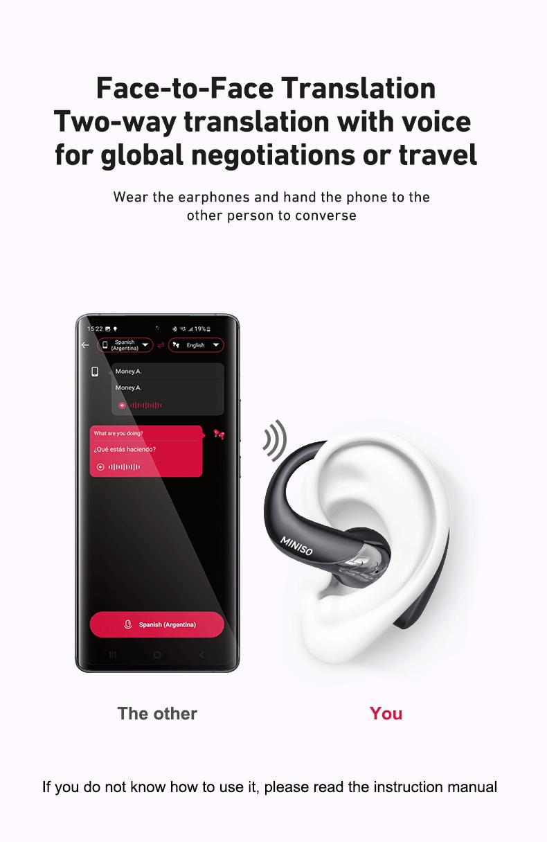 Miniso MS200-AI Translation Earphones, Bluetooth 6.0, high-fidelity wireless earphones, IPX5 waterproof rating, noise-canceling microphone, stereo in-ear headphones, built-in microphone