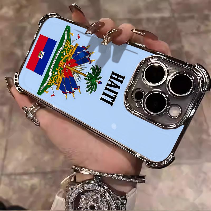 Haiti Flag pattern Design With Multi-Colored Border Suitable for Aesthetic Electroplated TPU Casing For iphone 17 16 15 14 13 12 11 PRO PLUS MAX AIR Samsung S26 Four Corners Anti-Fall Transparent Casual Soft Silicone Phone Cases High-end durable  L1726