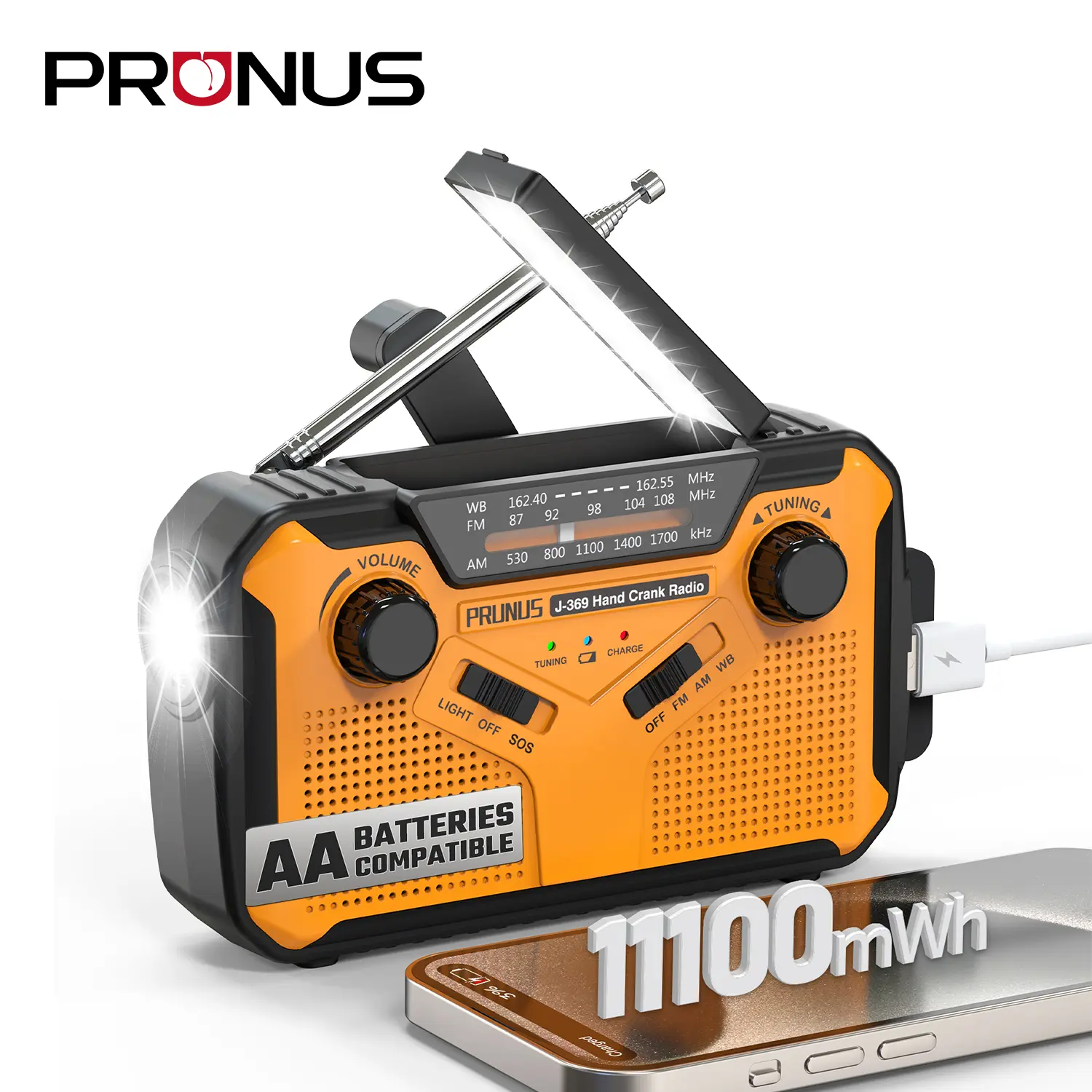 PRUNUS J-369 11100mWh Emergency Weather Radio, AA Batteries/Hand Crank/Solar/USB Charging, NOAA/AM/FM, LED Flashlight and Reading Lamp,SOS Alarm & Flashlight Portable,back to school,back to school haul