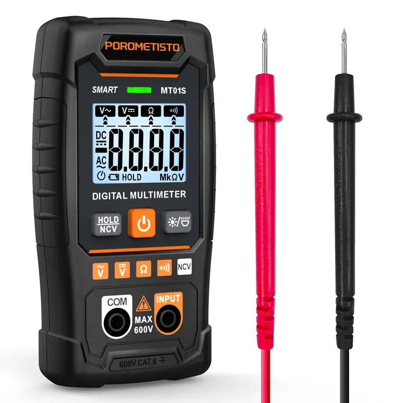 POROMETISTO MT01S Digital Multimeter, 4000 Counts Smart Auto-Range Tester for Electricians with Auto-Off, Backlight, Data Hold, Flashlight, 600V Max AC/DC Voltage, Resistance, Continuity, 40-1kHz Frequency, Automotive Circuit Testing, 118Mm*60Mm*28Mm Size