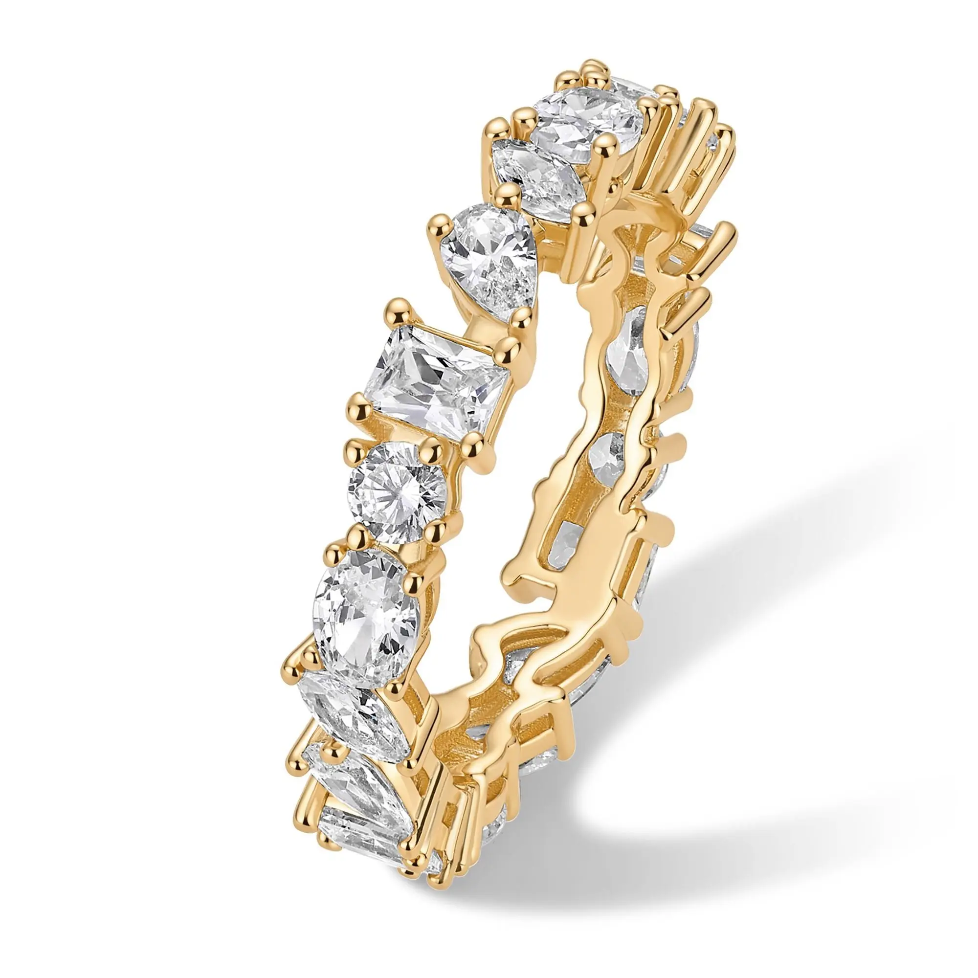 PAVOI 14K Gold Plated Eternity Ring for Women - Mixed Shape Cubic Zirconia Band