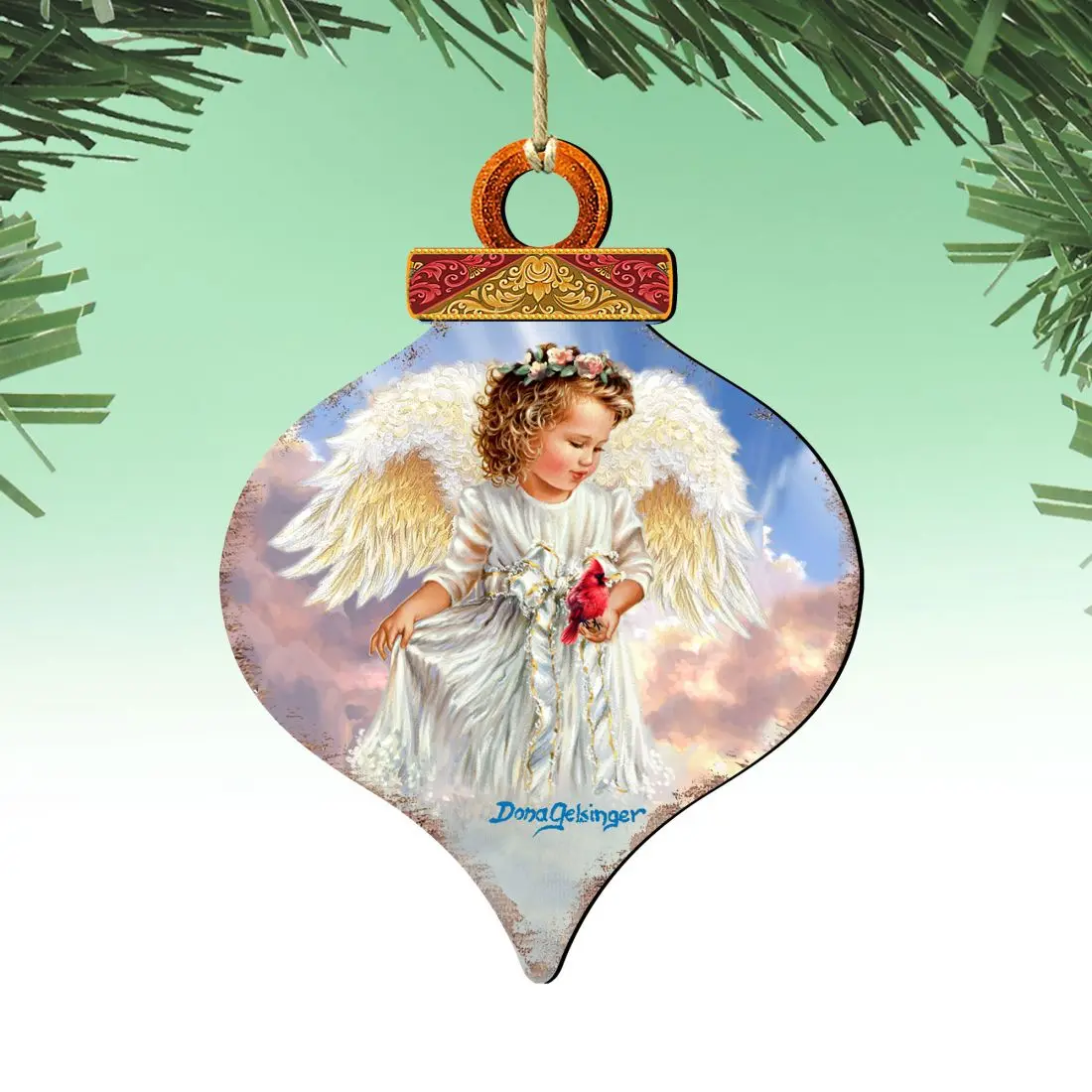 Designocracy 8031154-DG-S2 Handcrafted 2-Piece Angel Nativity Holiday Decoration Gift Set - 5x5.5 in. Wooden Ornaments with Cardinal, UV Resistant, Weather Resistant, Outdoor/Indoor Use, Gift Bag Included
