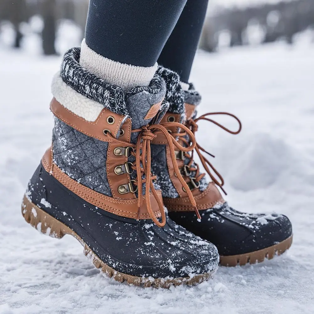 ALEADER Women's Mid-Calf Round Toe Winter Anti-Slip Warm Snow Boots - Waterproof Shell Hiking Shoes, PU Combo Footwear, Fleece Soft Insole, Classic Versatile Duck Boots for Outdoor Walks, Shoes for Women,back to school,back to school haul