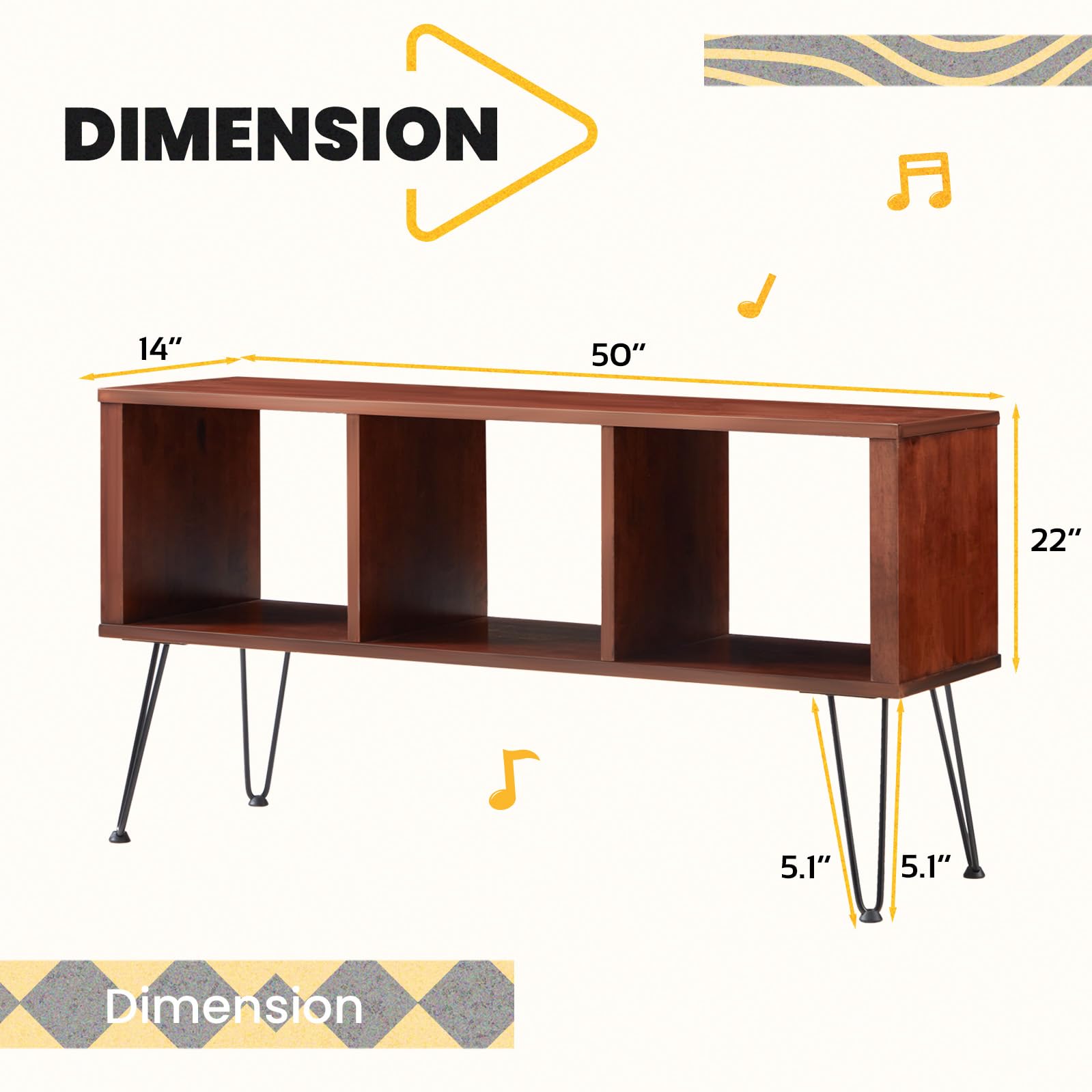 YODOLLA 50" Walnut Mid-Century Modern TV Stand, TV Up to 60 Inch, Detachable Legs, Vertical & Horizontal Storage, Record Holder Shelf for Living Room, Bedroom, Horizontal and Vertical