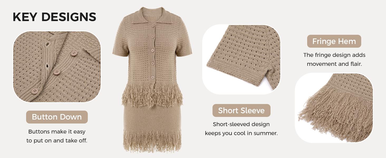 Fisoew Womens 2 Piece Crochet Outfits Short Sleeve Button Knit Sweater Tops Fringe Skirt Summer Vacation Sets Beach Cover Ups