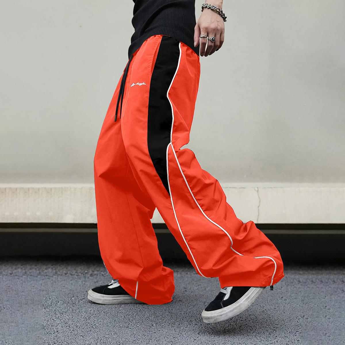 Men's high street style contrasting color splicing side striped tied wide-leg pants, American retro Los Angeles printed design loose drape sweatpants, multi-color optional thin casual pants are suitable for spring and summer wear