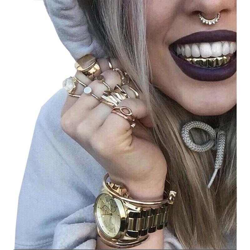 Gifts for Men 24K Gold Plated Hip Hop Teeth Grillz Punk Custom Fit Teeth Grillz Caps Top & Bottom Grill Set Removable Hip Hop Mouth Grills For Women Men Gift Halloween Party Photo Fancy Dress Accessories