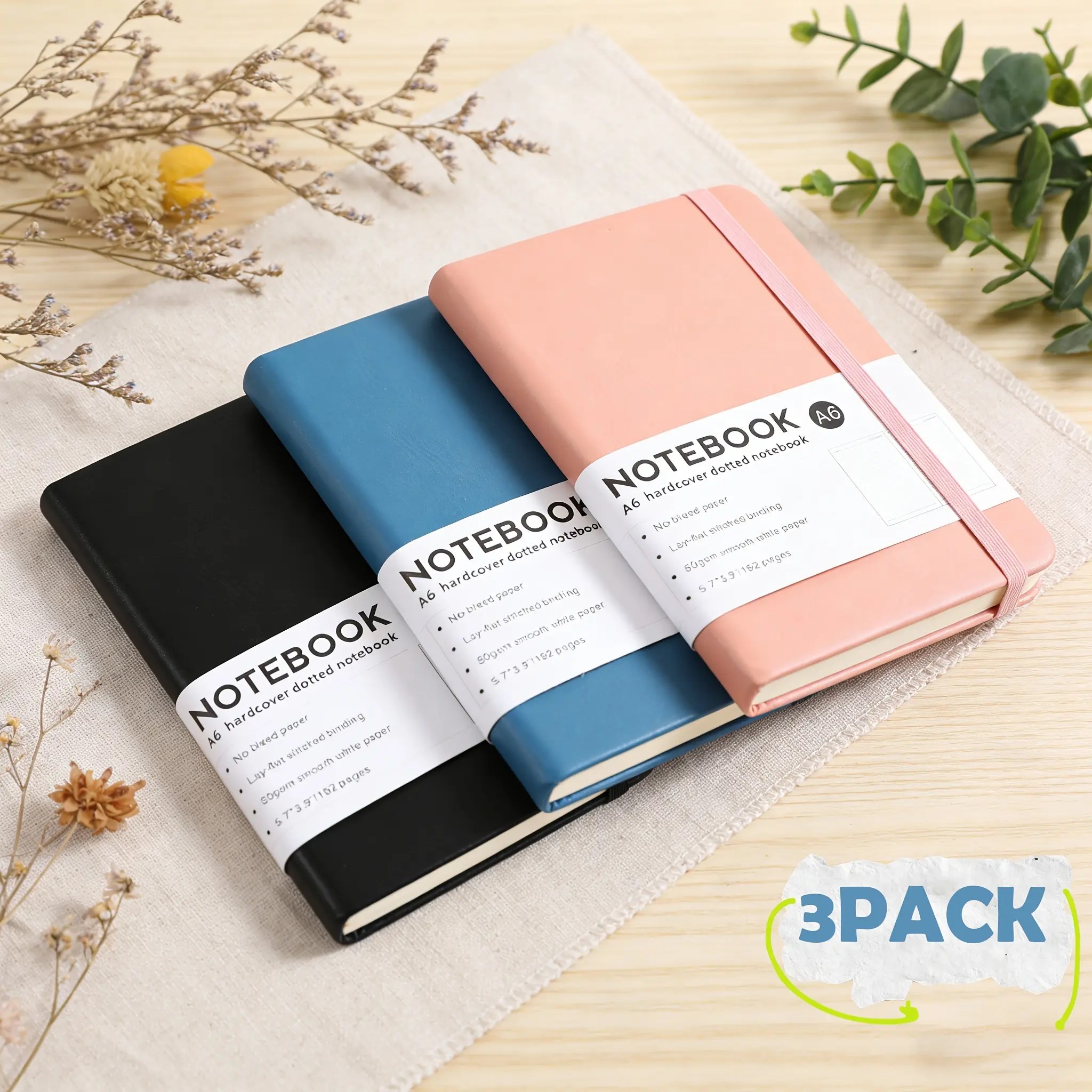 A6 Pocket Lined Notebook 3 Pack & Single Color Option, Small Hardcover Journal Notebook with Elastic Band, Mini Portable Writing Notepad for Travel Office School Daily Notes