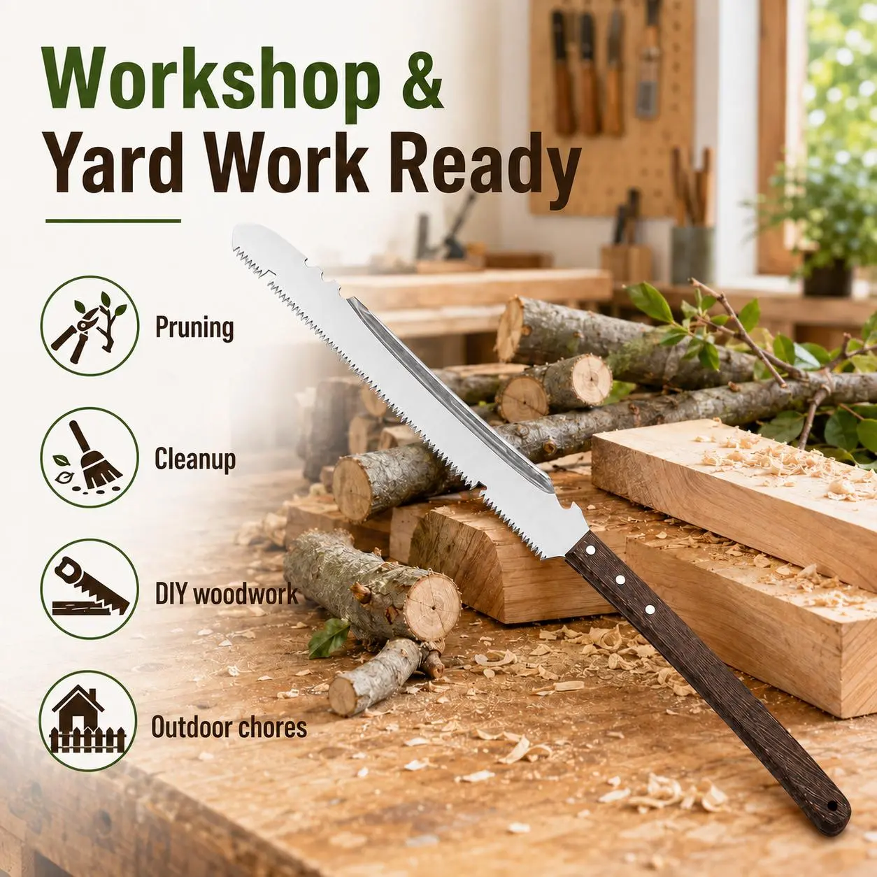 Heavy-duty pruning saw with a long, solid wooden handle; an outdoor wood-cutting tool suitable for gardening and pruning branches