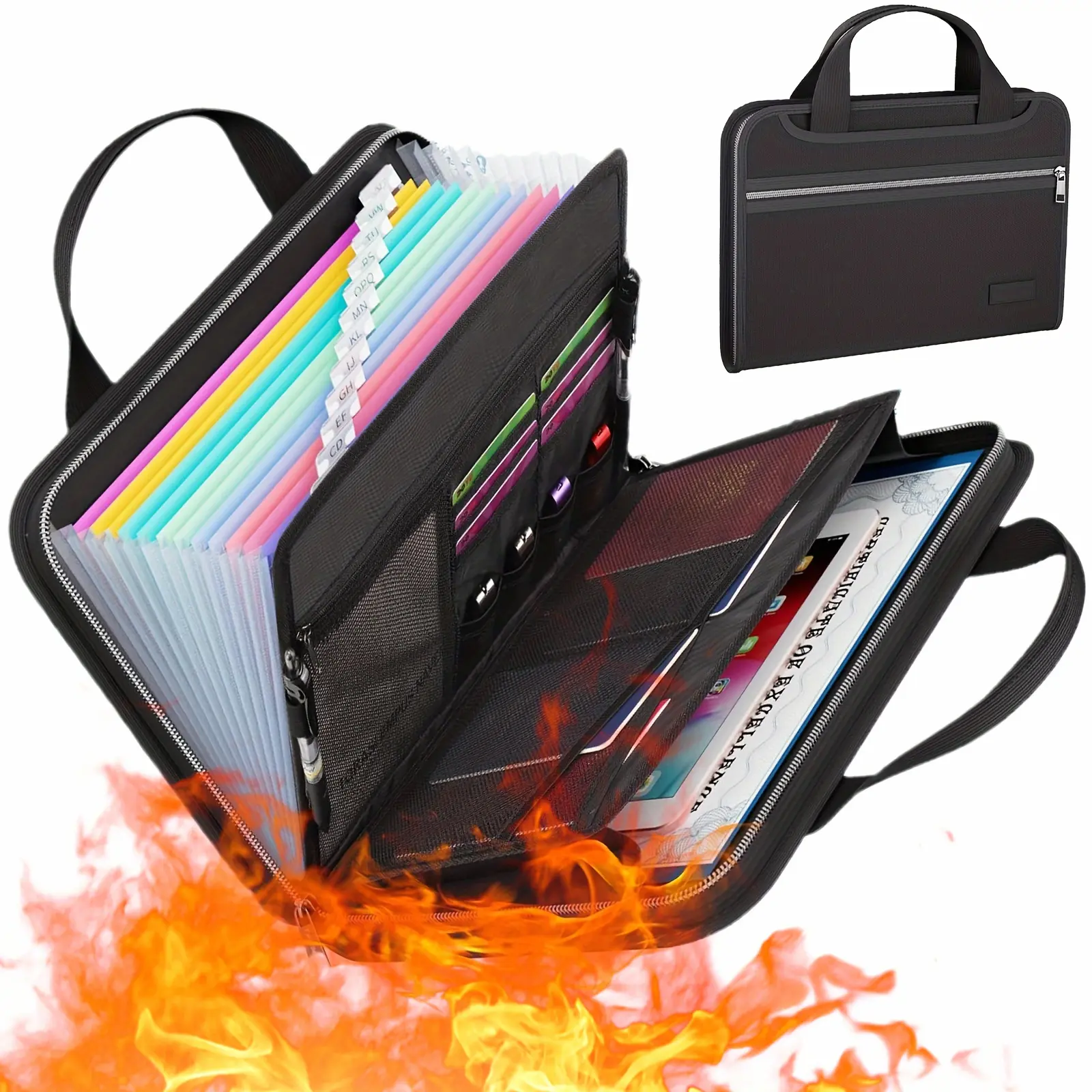 2200F Fireproof Accordion File Organizer - 13-Pocket Expanding Folder with Handles & Labels, Portable Secure Storage for A4 Letters, Home & Travel Use, Black, Document Storage |   Sleek File Folder |   Design