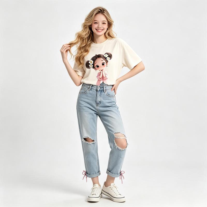 Women's Cute Cartoon Girl Graphic Tee Cream Oversized T-Shirt Short Sleeve Top Trendy Y2K Aesthetic Streetwear Summer Outfit