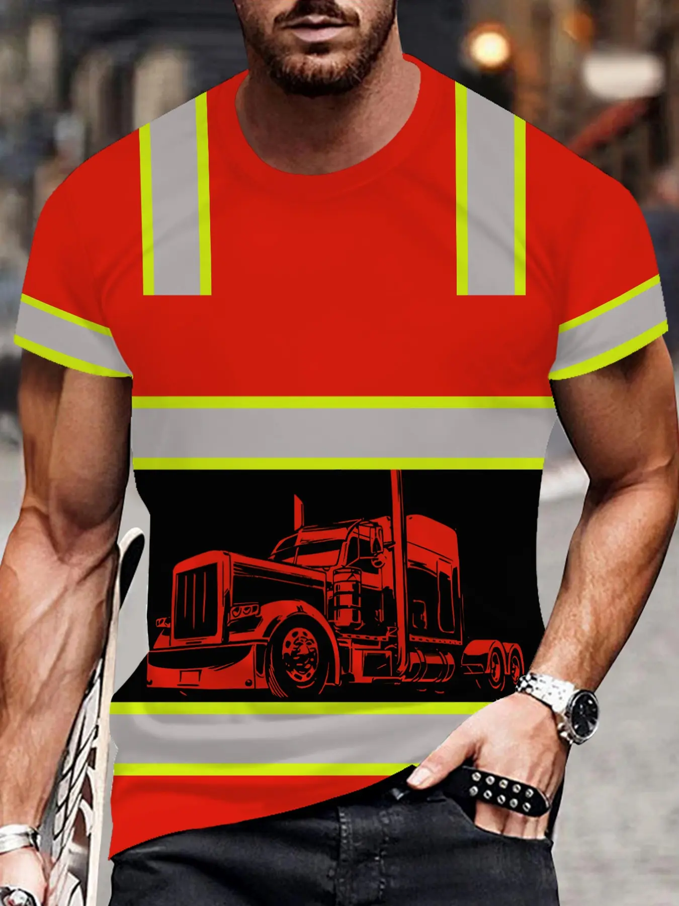 Truck Driver T-Shirt, Menswear, Industrial Safety Reflective Style, Short Sleeve, Fashionable and Comfortable, Perfect for Daily Wear, Ideal Gift Choice