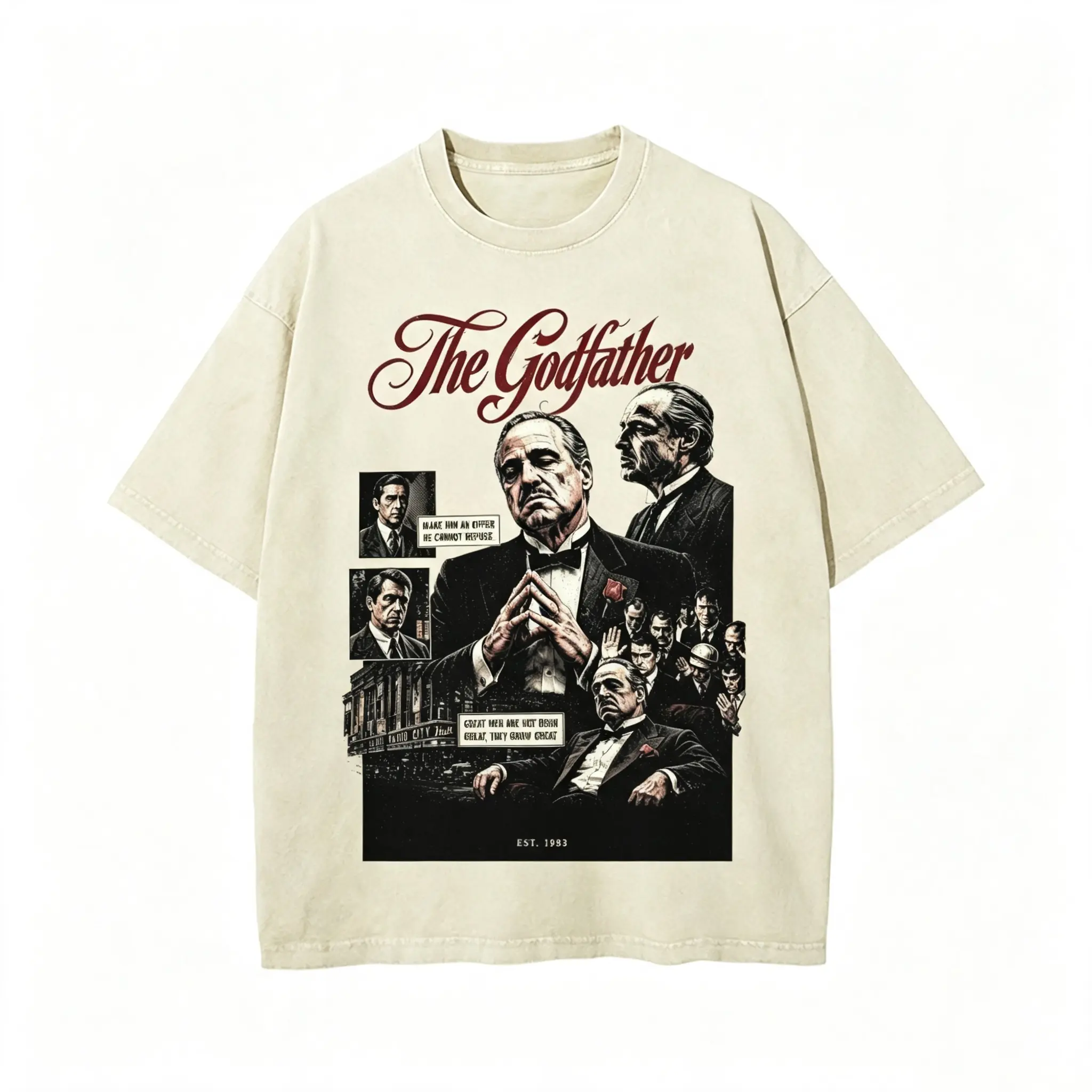 Men's The Godfather Vintage Graphic Short-Sleeve T-Shirt - Aesthetic Fluffy Oversized Washed Cotton Retro Mafia Movie Streetwear Tops for Outdoor Wear