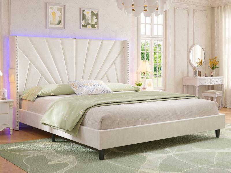 Raybee Full/ Queen/King Size Bed Frame with 51" Velvet Upholstered Headboard, up to 900 LBS ,Platform Bedframe with Charging Station and LED Lights, Wingback Headboard, No Box Spring Needed, Noise-Free[Black Friday]