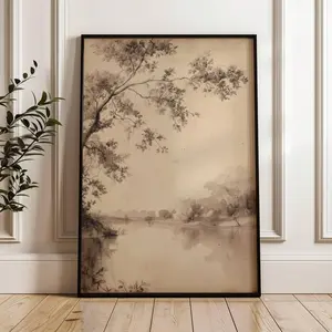 Muted Sepia Tree and River Landscape Paper Print, Vintage Forest Painting, Peaceful Neutral Tone Art for Farmhouse Home Decor