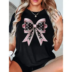 Women's Pink Bow Polka Dot Short Sleeve Crew Neck T-Shirt with Stretchable Fabric and Easy Care