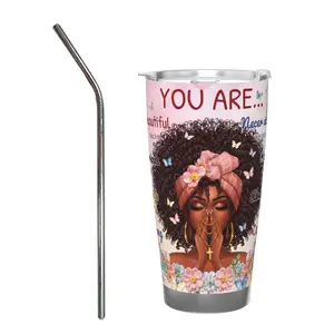 insulated Stainless Steel Tumbler, Coffee Cup with Lid and Straw, 20oz Vacuum Leakproof Travel Mug, Present for Black Women