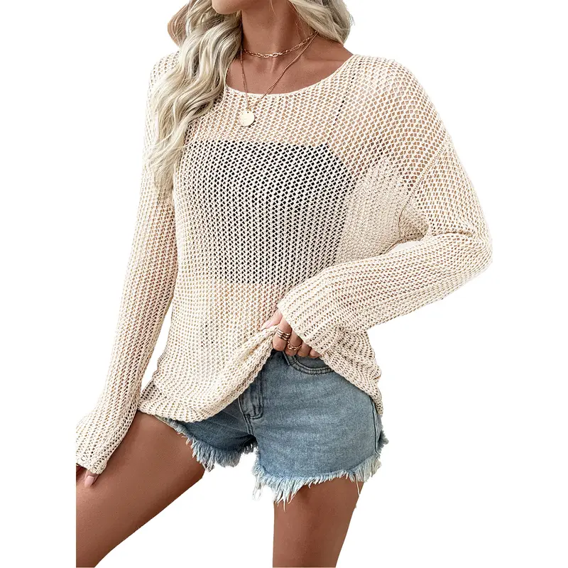 EVALESS Women's Casual Knitwear Round Neck Long Sleeve Shirt, Crochet Hollow Out, Breathable Loose Fit, Beach Cover Up, 2026 Spring Summer Womenswear Blouse
