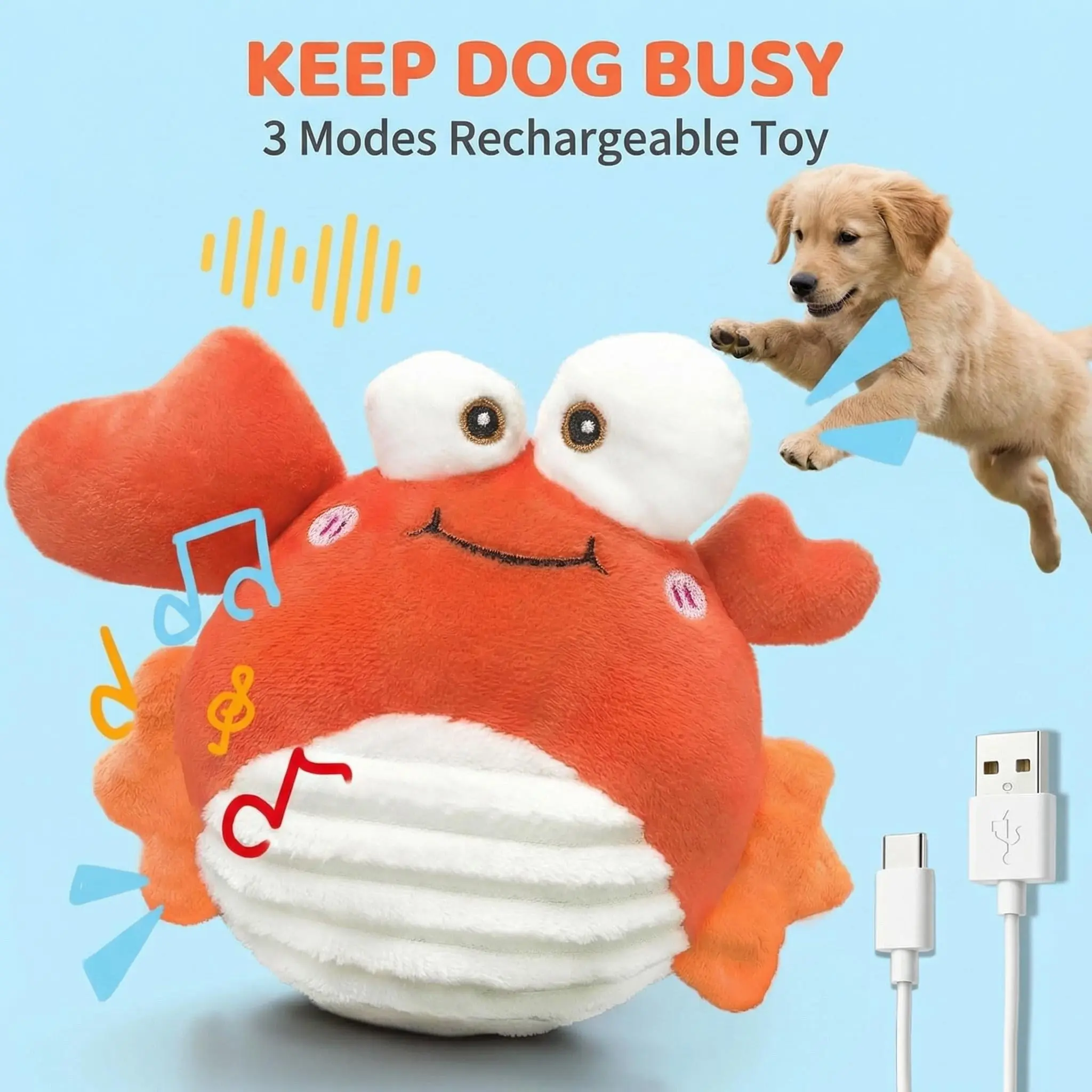 GUKCO Crab Interactive Dog Toy – Rechargeable Self-Play Toy with Motion-Activated Ball, 3 Modes (Music/Silent/Record) for Small Medium Dogs, Reduces Separation Anxiety, Puppy Teething Toy
