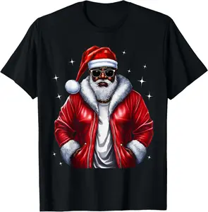 1pc African American Santa Christmas Pajama-Style T-shirt - Cool black color, pajama fit, soft skin-friendly fabric, breathable, unisex, balances comfort & festivity, solves scene-switch need