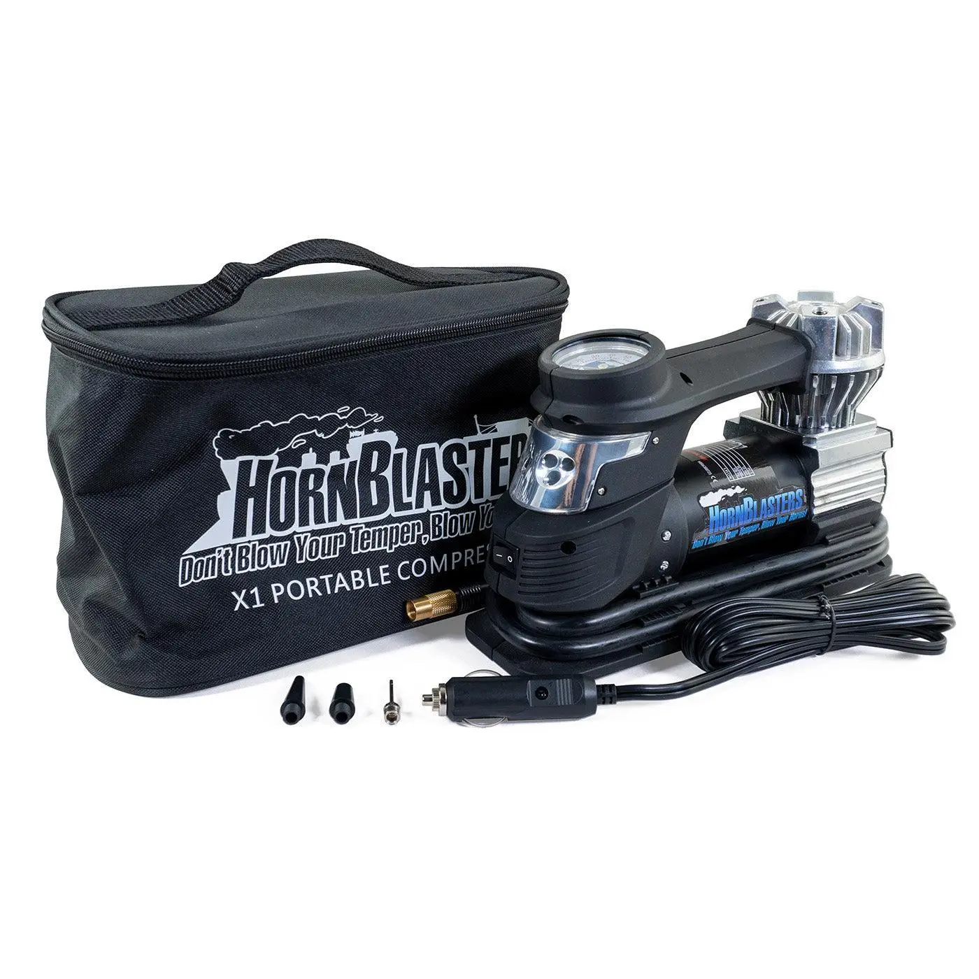 HornBlasters X1 Portable Air Compressor Handheld Tire Inflator, 12V DC 15A 120PSI Portable Tire Pump for Car with LED Work Light, PTFE Seal Efficiency & Carrying Bag Included