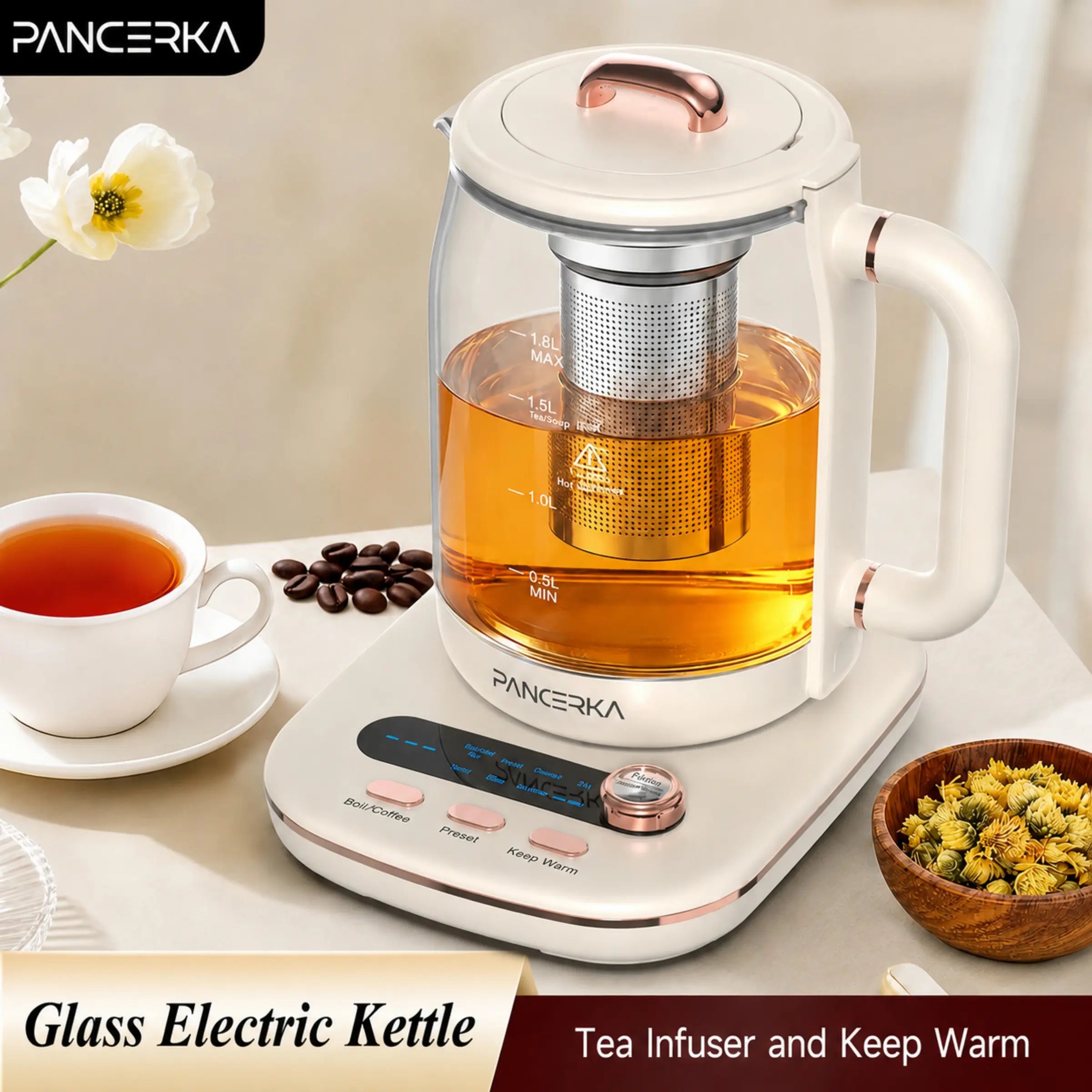 PANCERKA 10-in-1 Glass Electric Kettle with Tea Infuser – Kitchen Appliances, 1.8L, 110v~, Temperature Control, Keep Warm, Auto Shut-Off, Boil-Dry Protection, Detachable Lid, Cold Touch, Fast Boil, Fast Boll, Overheat Protection