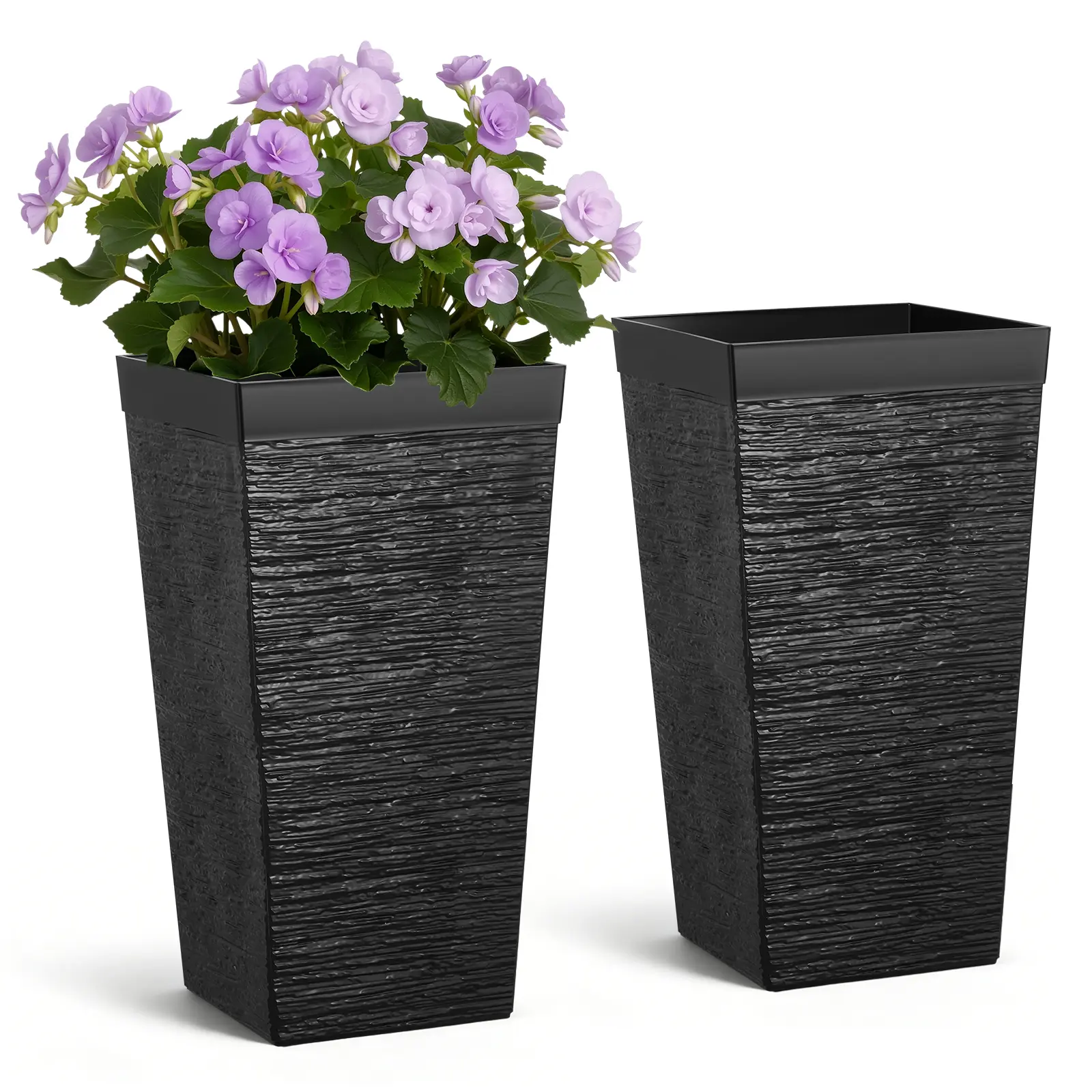 VEVOR 2-Piece Taper Planter Set, 23-Inch Tall Striped Above-Ground Plastic Modern Flower Pots with Built-In Casters, Inner Pot, Drainage Holes for Outdoor/Indoor Plants, Garden Decor, Black