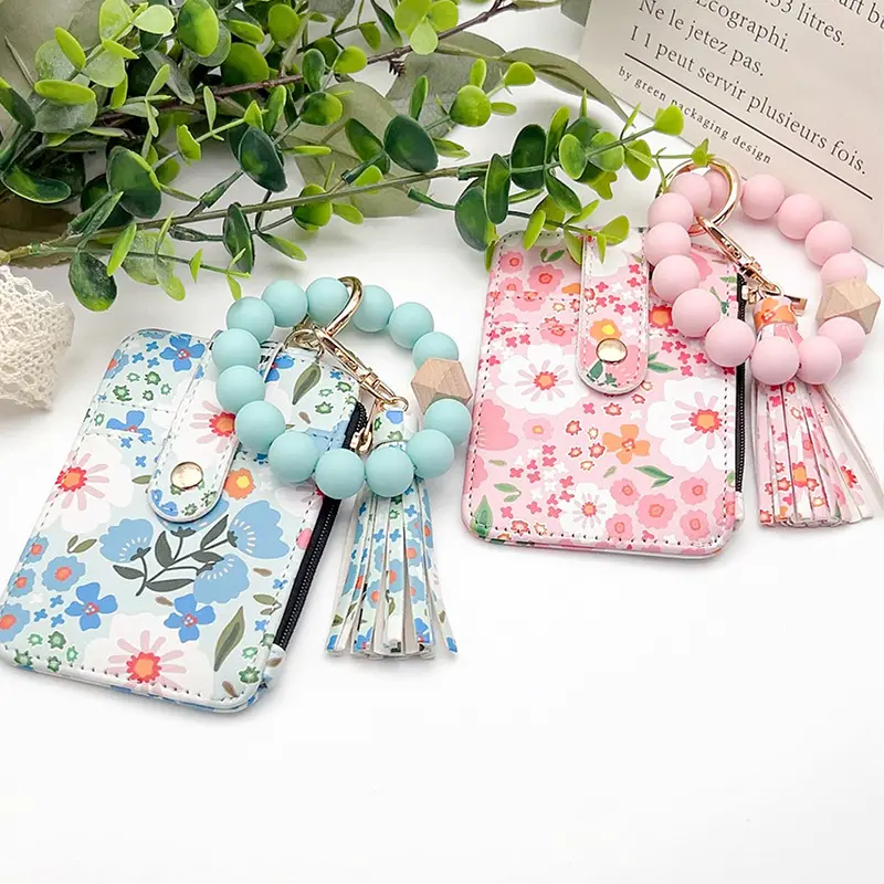 FOR FRIENDS LOVERS 2PCS Florals Key Chain Wristlet for Women Boho Style Beaded & Tassel Decorated Keychain with Flower Pattern Wallet multifunctional keychain Easy to carry and portable