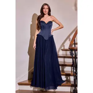 CLEARANCE - Ladivine J891 Fitted Corset Bodice Chiffon Skirt Navy Blue Gown (Size 12)