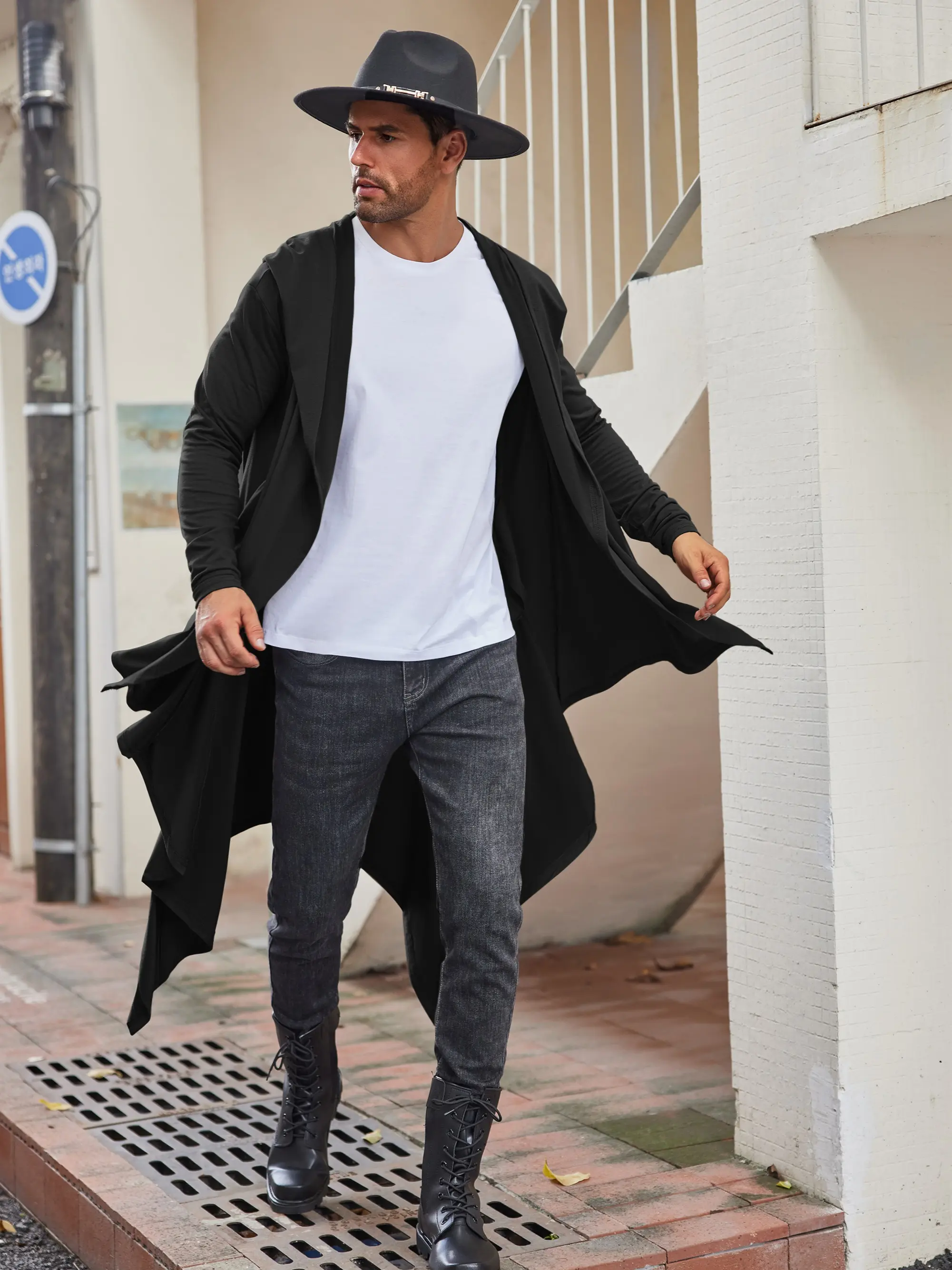 COOFANDY Fall Outfits Men's Black Long Hooded Cardigan Ruffle Shawl Collar Open Front Lightweight Drape Cape with Side Pockets Casual Elastic Workwear 3/4 Length