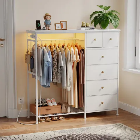 Sweetcrispy Modern Wooden Top Fabric Dresser Chest - 55lb Capacity Bedroom Storage Unit with LED Light, Charging Station, Hanging Rack, Drawers, Metal Frame, Small Space Furniture for Nursery, Apartment Closet Organizer