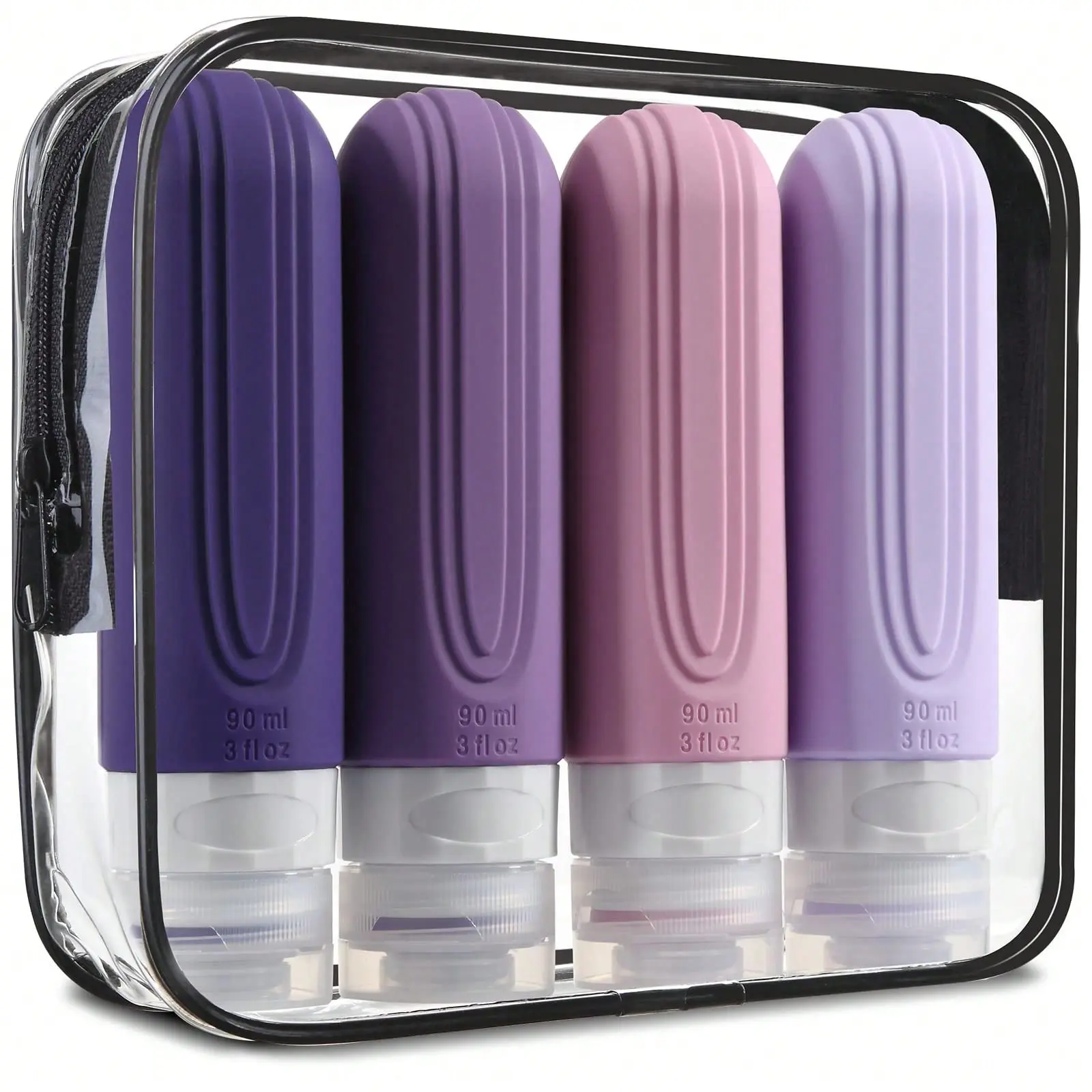 4-Pack TSA-Approved 3oz Leak-Proof Squeezable Silicone Travel Toiletry Bottles Set, Multi-Use Portable Containers with Clear Toiletry Bag, Bathroom & On-the-Go Organizer Accessories, Essential Travel Stuff