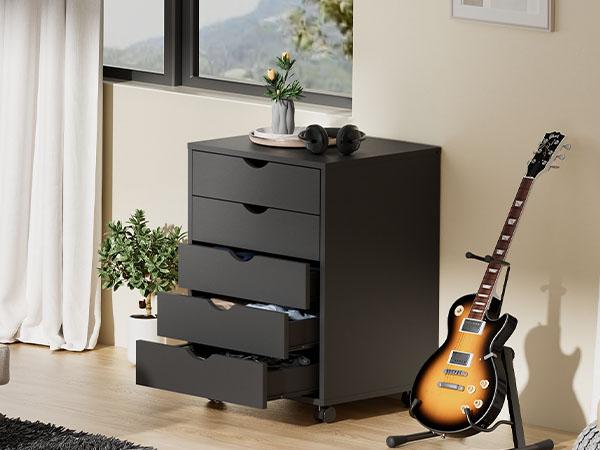 Sweet Furniture F 5 Drawer Chest- Dressers Storage Cabinets Wooden Dresser Mobile Cabinet with Wheels Bedroom Organizer Drawers for Office