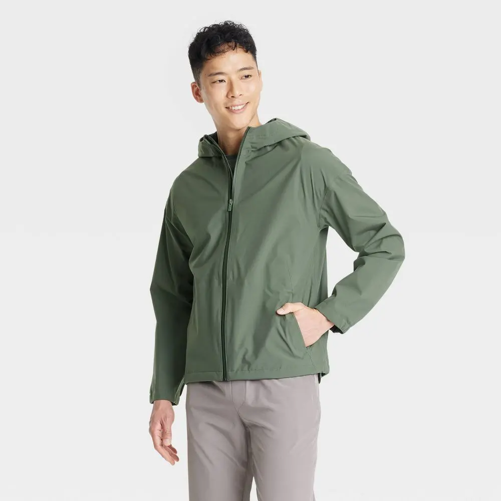 Men's Waterproof Rain Coat - All In Motion Dark Olive Green S: Lightweight Breathable Adjustable Hood Seamless