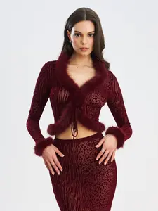 Hali Burgundy Animal Print Burnout Velvet Fur Trim Top