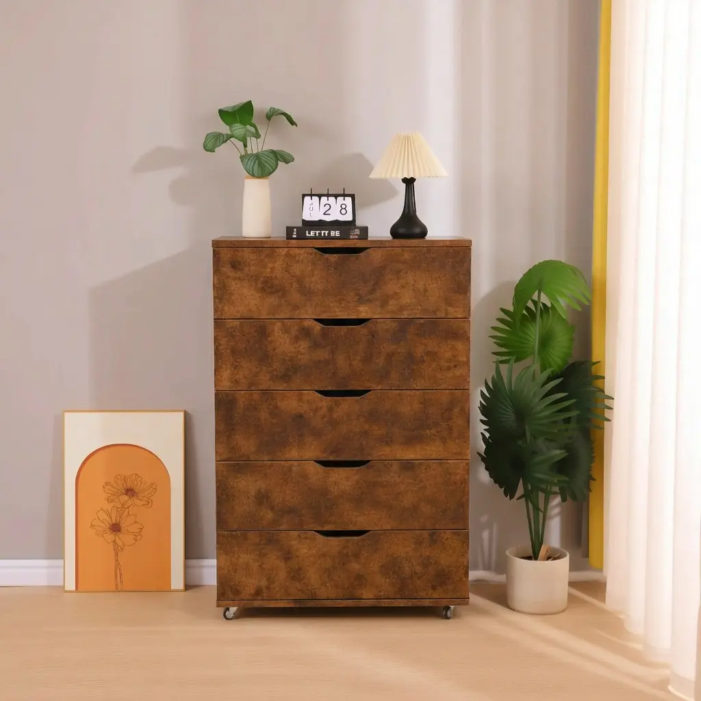 OPUL 5 Drawer Dresser on Wheels Rustic Brown Rolling Chest of Drawers Mobile Storage Cabinet for Office, Home, Bedroom Closet, Room Organization Furniture, Wide Drawer Organizer, 30.71" W x 15.75" D x 44.49" H