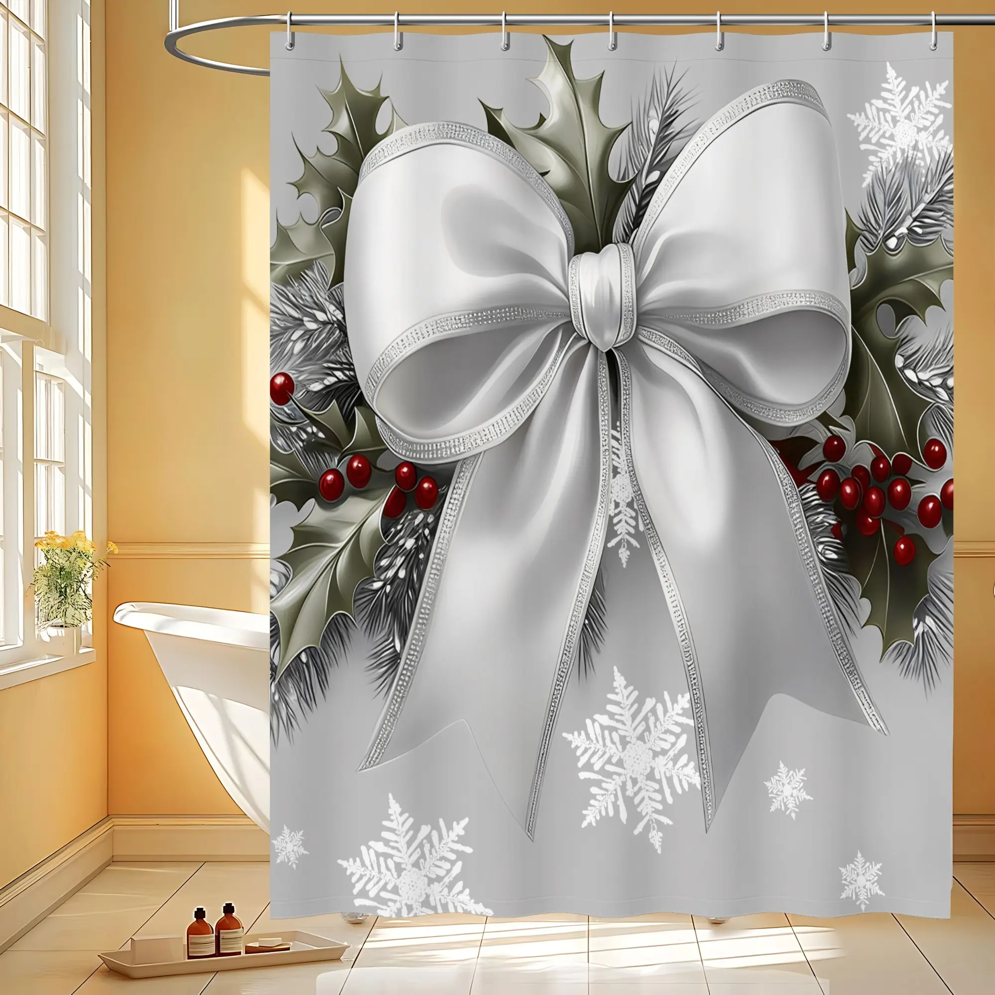1pc Elegant White Bow Thick Polyester Shower Curtain - Holly Leaves, Red Berries, Snowflakes, Muted Gray Sparkly Design, 66x72in, Stainless Metal Hooks for Easy Installation, Home Bathroom Decor, Machine Washable, Sophisticated Craftsmanship