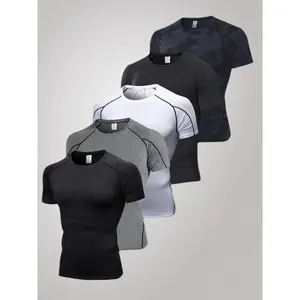 5-piece men's sports tight fitting shirt, moisture absorbing, quick drying, running, base, cool drying, short sleeved sports shirt