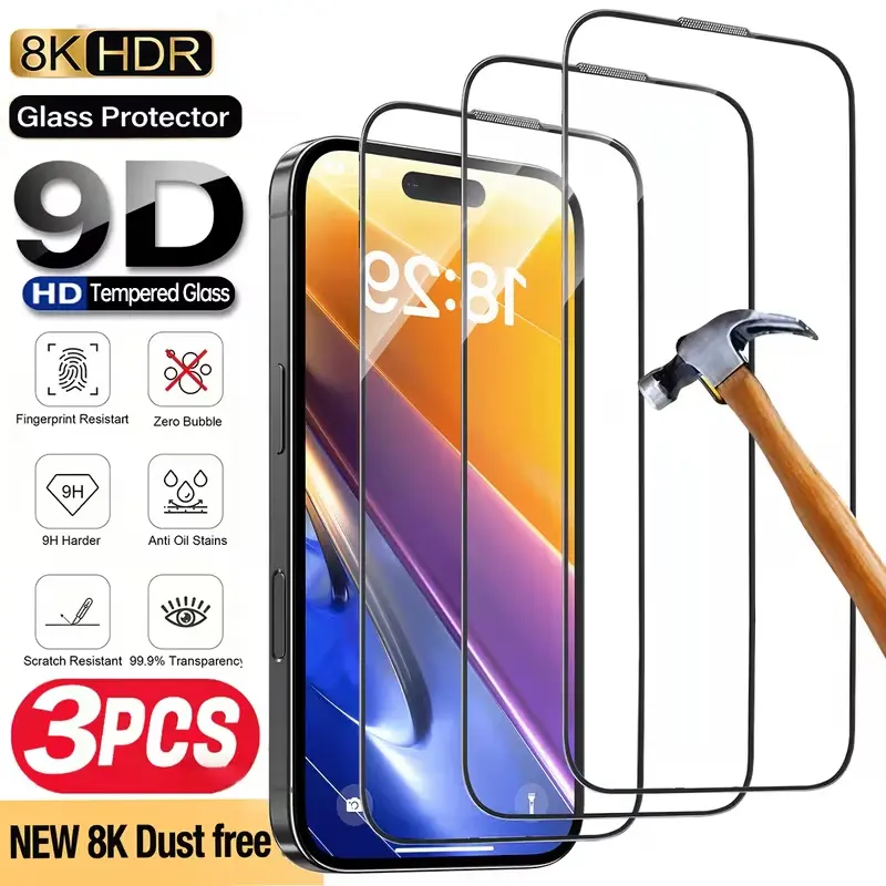 3pcs Ultra HD Tempered Glass Full Coverage Screen Protector Compatible with for iphone 17 Pro Max/17 Pro/16 Pro Max/16 Pro/16/15 Pro Max/15 Pro/14 Pro/14 6.1", 13/13 Pro 6.1"/12/11Pro Max/Plus Series, Tough 9H+ Glass, Shatterproof