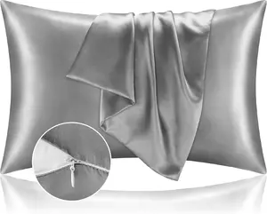 Satin Pillowcase with Zipper 2 Pack, Grey Pillow Cases Standard Size, Super Soft and Cooling Similar to Silk Pillow Cases, Gift for Women Men(20x26 Inches)