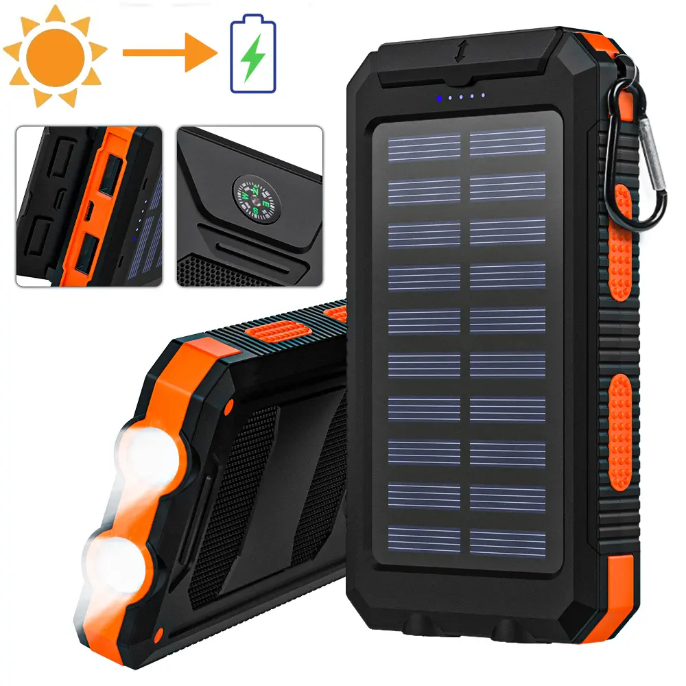 10000mAh Solar Charger Power Bank Portable Charger With LED Flashlight&Compass Camping External Backup Battery Pack For All Cell Phones & Electronic Devices Suitable For Summer Holiday Outdoor Travel/Camping And Emergency Backup Mobile Power Solar
