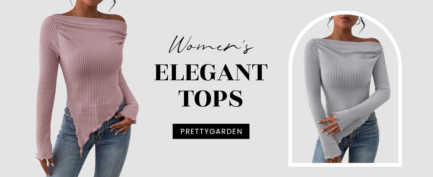 PrettyGarden Women's Long Sleeve Y2K Crop Top Trendy Off Shoulder Asymmetrical Fitted Knit Tee Shirts Going Out Ribbed Tops Womenswear Knitwear Basic Minimalist Minimalist
