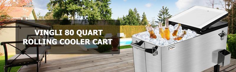 VINGLI 80 Quart Rolling Ice Chest on Wheels, Portable Patio Party Bar Drink Cooler Cart, with Shelf, Beverage Pool with Bottle Opener,Water Pipe Fathersdaygift