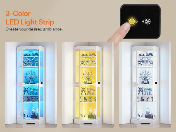 HOOBRO Corner Display Cabinet with Glass Doors, Corner Cabinet with 3 Color LED Lights, Curio Storage Cabinet with Adjustable Shelves, Bookcase, for Living Room, Hallway, Bedroom, Black