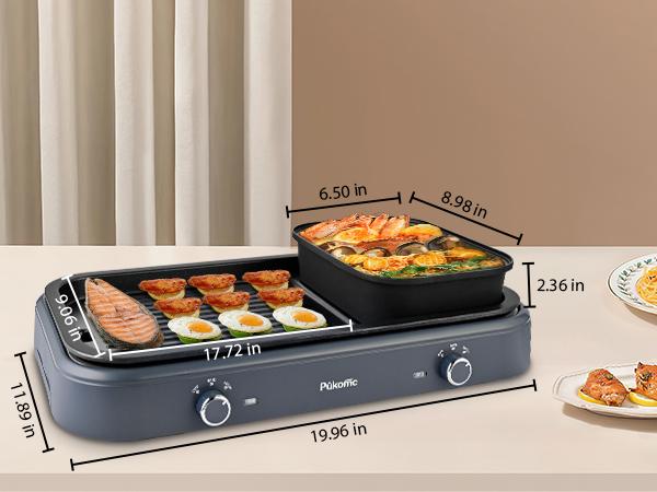 Pukomc ProGrill 2-in-1 Electric Grill | Reversible Grill/Griddle Plate, 1500W Dual-Zone Temp Control, Detachable & Dishwasher Safe, Stainless Steel + Oil Drip Tray