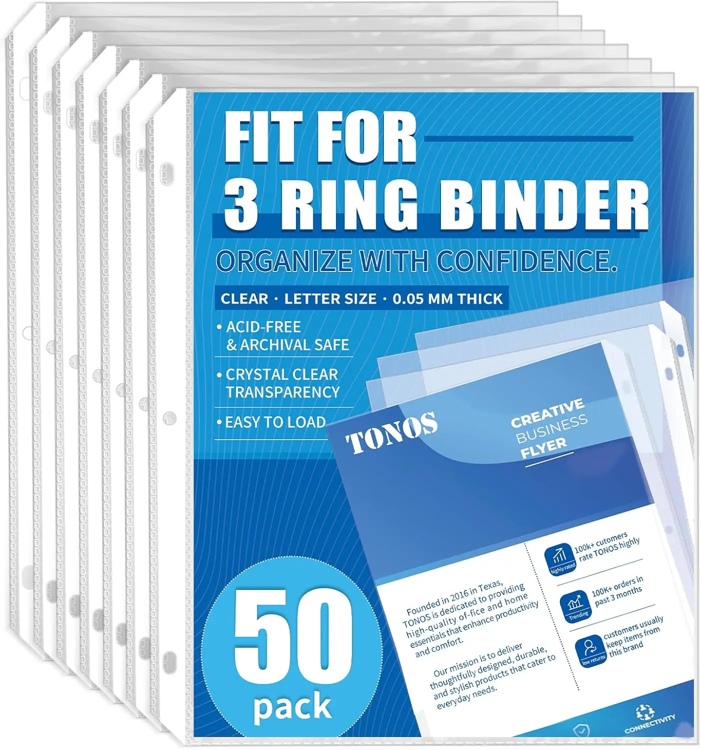 50 Pack Sheet Protectors for 3 Ring Binder - Clear Page Protectors & Plastic Sleeves for Paper 8.5x11 Inch, Binder Sleeves and Paper Protector Sheet for Document, Letter Size, Top Loading