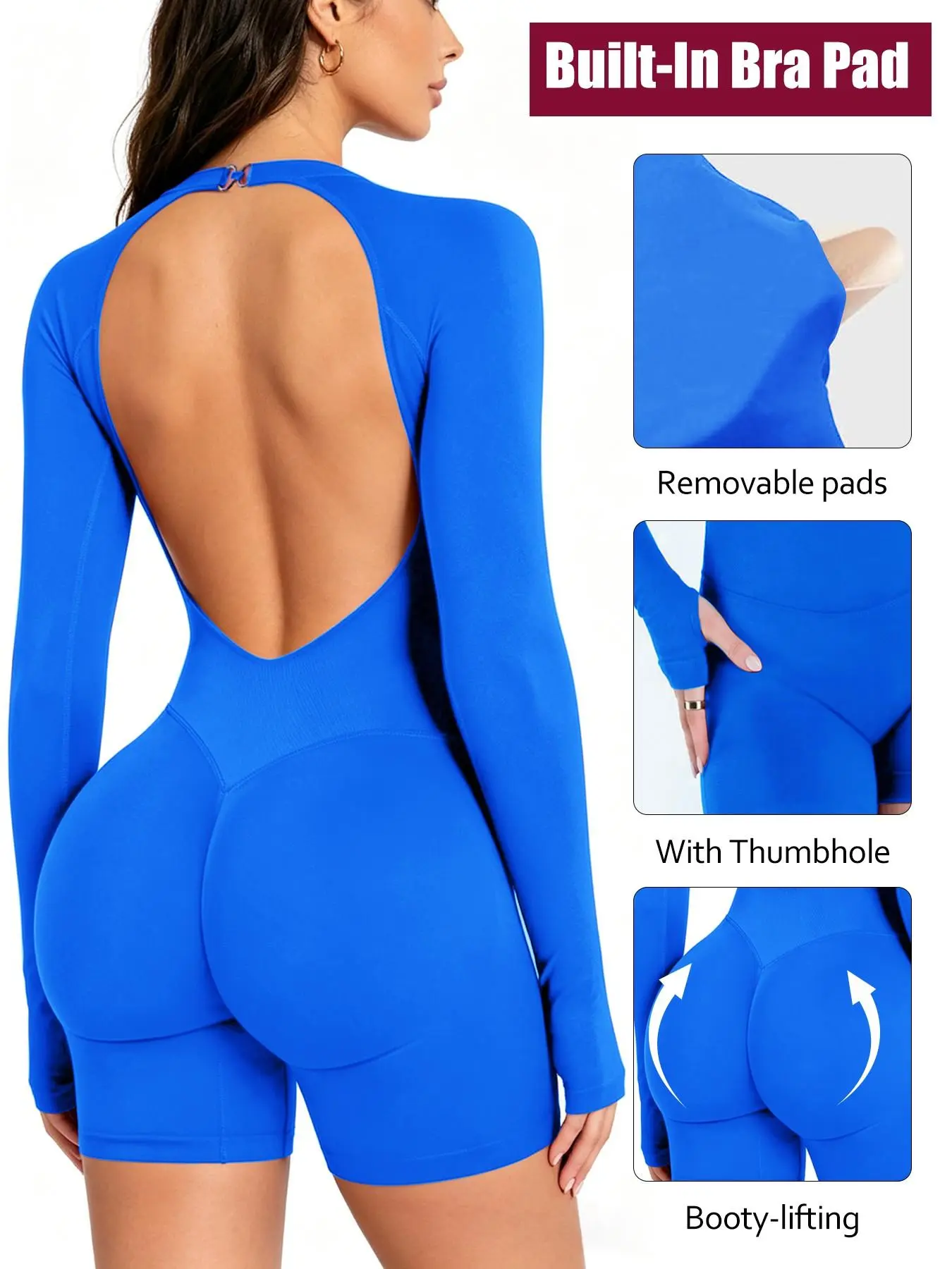 Jetjoy Seamless Long Sleeve Backless Jumpsuit,Tummy Control One Piece Romper for Women - Perfect for Workout, Yoga, Gym, and Everyday Wear with Compression