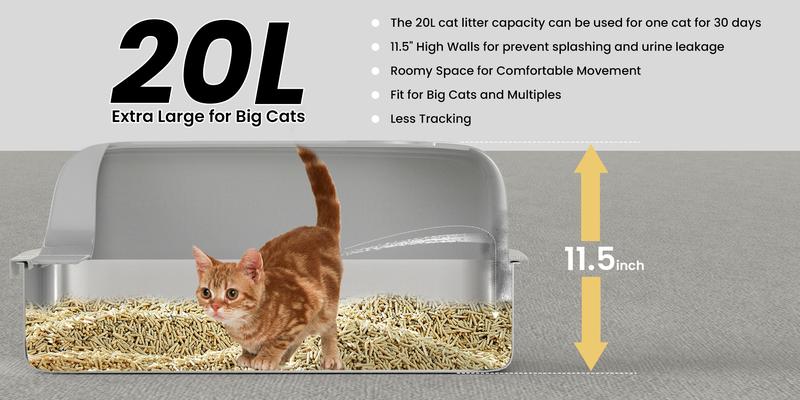 【Geoorood】Geoorood XXL Cat Litter Box Stainless Steel 20L with Lid,  XL Large Metal Litter Box High Sided Design,Anti-Urine Leakage, Include Cat Mat & Litter Scoop, Never Absorbs Odors, Easy Cleaning, Non-Sticky#February Stock Up